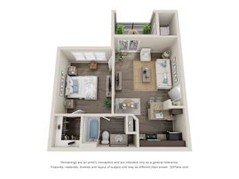 A 3D floor plan of a small apartment with a kitchen, living room, and bedroom.