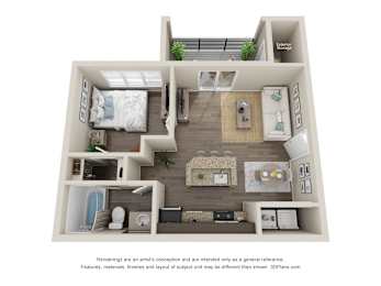 A 3D floor plan of a house with a kitchen, living room, and bedrooms.