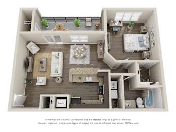 A 3D floor plan of a house with a kitchen, living room, and bedrooms.