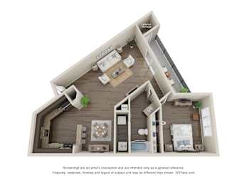 A 3D floor plan of a house with a kitchen, living room, and two bedrooms.