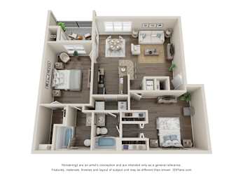 A 3D floor plan of a house with a kitchen, living room, and bedrooms.