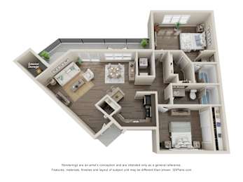 A 3D floor plan of a house with labeled rooms.