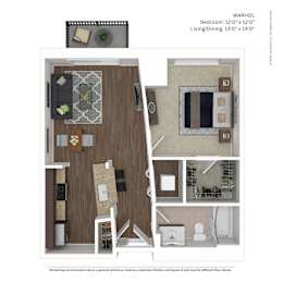 A floor plan of a WARHOL apartment with a living room, dining room, and bedroom.
