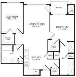 a floor plan of the Ash two bedroom at Heights at Glen Mills, Glen Mills, Pennsylvania