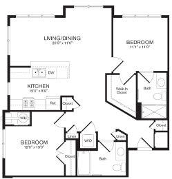 a floor plan of the Cedar two bedroom apartment at Heights at Glen Mills, Glen Mills, PA