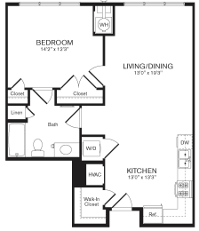 a floor plan of the Gardenia one bedroom apartment at Heights at Glen Mills, 19342