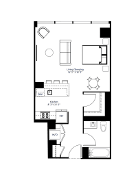Studio 1 Bath Floor Plan | 602 Sq. Ft. at The Grand Central, Chicago, 60607
