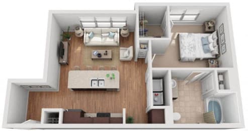 3d 1 bedroom floor plan | Mockingbird Flats Apartments in Dallas, TX