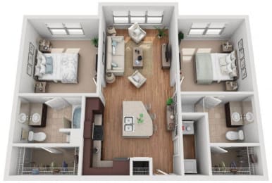 3d 2 bedroom floor plan | Mockingbird Flats Apartments in Dallas, TX