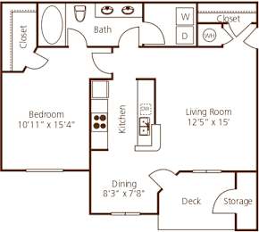 One bedroom apartment floor plan with deck at Wyndchase Aspen Grove Apartments, Franklin, Tennessee