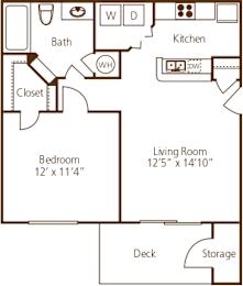 One bedroom floor plan with storage deck at Wyndchase Aspen Grove Apartments, Franklin