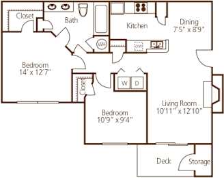 Two bedroom floor plan with storage deck at Wyndchase Aspen Grove Apartments, Tennessee