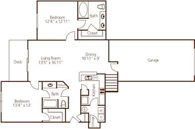 Two bedroom floor plan with garage and deck at Wyndchase Aspen Grove Apartments, Tennessee, 37067