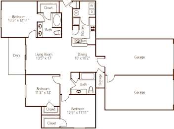 Three bedroom floor plan with dual garage at Wyndchase Aspen Grove Apartments, Franklin, TN 37067