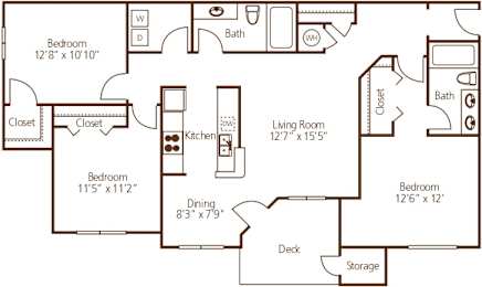 Three bedroom floor plan with dual bathrooms at Wyndchase Aspen Grove Apartments, Franklin, TN