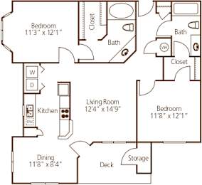 Two bedroom apartment floor plan with dual bathrooms at Wyndchase Aspen Grove Apartments, Franklin, 37067