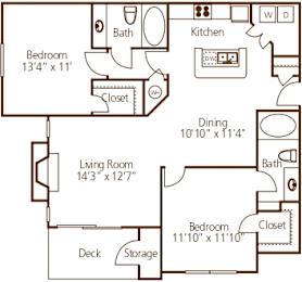 Two bedroom two bathroom floor plan layout at Wyndchase Aspen Grove Apartments, Franklin, Tennessee