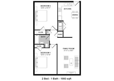 Floor Plan  A floor plan of a 2 bedroom, 1 bath house with a total area of 1000 sqft.