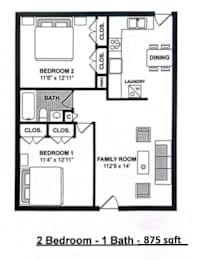 Floor Plan  A floor plan of a 2 bedroom, 1 bathroom apartment is shown.