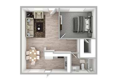 A top-down view of a modern living room with a couch, coffee table, and television.