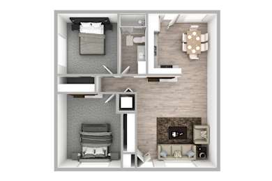 A top-down view of a small apartment with a bedroom, living room, and kitchen.