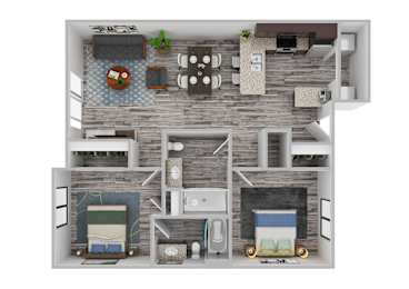 A top-down view of a small apartment with a kitchen, living room, and bedroom.