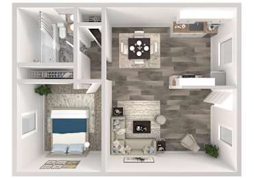A 3D rendered image of a modern apartment layout.