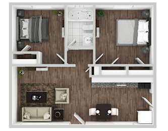 A top-down view of a living room, kitchen, and bedroom layout.