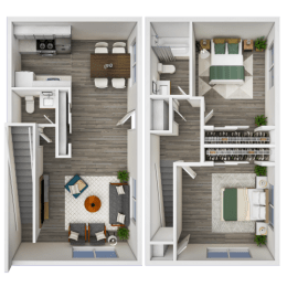 3D Floor plan of 2 bedroom 1 and a half townhome
