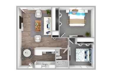 a stylized 3d floor plan of a bedroom with a bathroom and a living