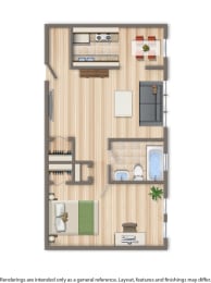 1 bedroom apartment floor plan rendering at 3101 pennsylvania apartments in washington dc