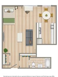 A floor plan of a house with a kitchen, living room, and bathroom.