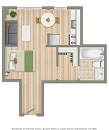 A floor plan of a house with a kitchen, living room, and bathroom.