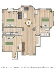 A floor plan of a house with a kitchen, living room, and two bedrooms.