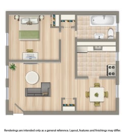 one bedroom floor plan apartment rendering at the colonnade apartments in washington dc