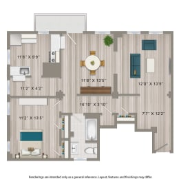 cortland one bedroom apartment floor plan rendering