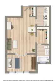 a studio apartment floor plan rendering at eddystone apartments in washington dc