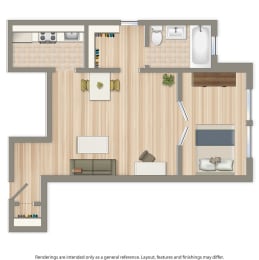 a studio apartment floor plan rendering at eddystone apartments in washington dc