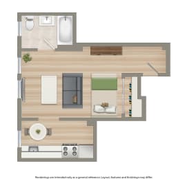 rendering of a studio apartment at crest at the foreland apartments in washington dc