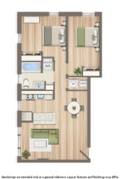 2 bedroom apartment floor plan rendering at fairway park apartments in washington dc