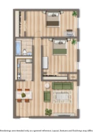 2 bedroom apartment floor plan rendering at halley house apartments in washington dc