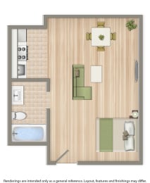 studio apartment floor plan rendering at halley house apartments in washington dc