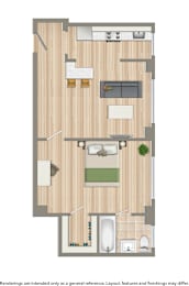 A floor plan of a house with a living room, kitchen, and bathroom.