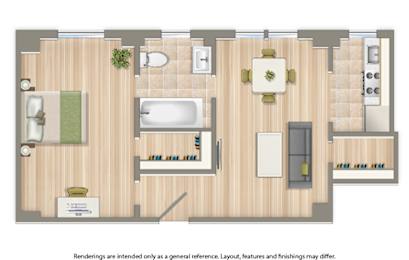 A floor plan of a house with a kitchen, living room, dining room, and bathroom.