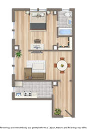 A floor plan of a house with a kitchen, living room, and bathroom.