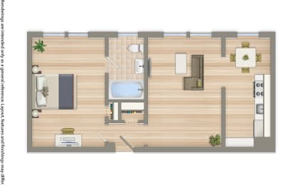 one bedroom apartment floor plan rendering at the klingle apartments in washington dc