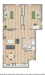 2 bedroom apartment floor plan rendering at longfellow apartments in washington dc