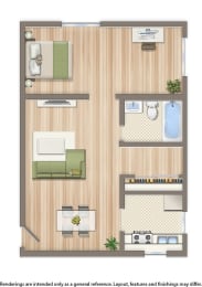 new horizon one bedroom apartment floor plan rendering