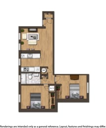 the oaks apartments two bedroom floor plan rendering