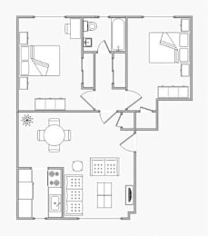 A floor plan of a house with a kitchen, living room, and bathroom.